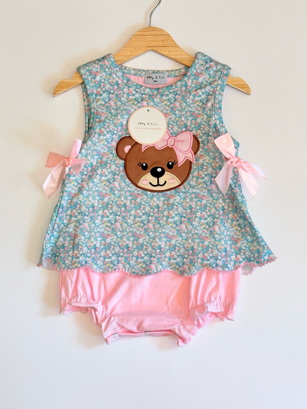 Abby & Evie Embroidered Bear Floral Baby One-Piece - Pink & Teal